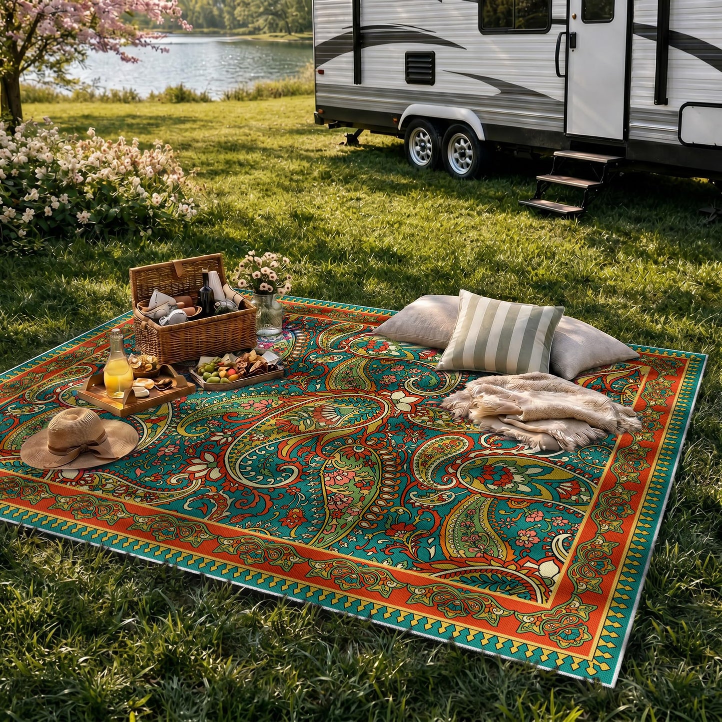 Arenarug Paisley Outdoor Rug Waterproof 6x9, UV Resistant Non Slip Patio Rug, Indoor Outdoor Boho Camping Rug Linen-Look RV Carpet for Deck Balcony Backyard, Terracotta
