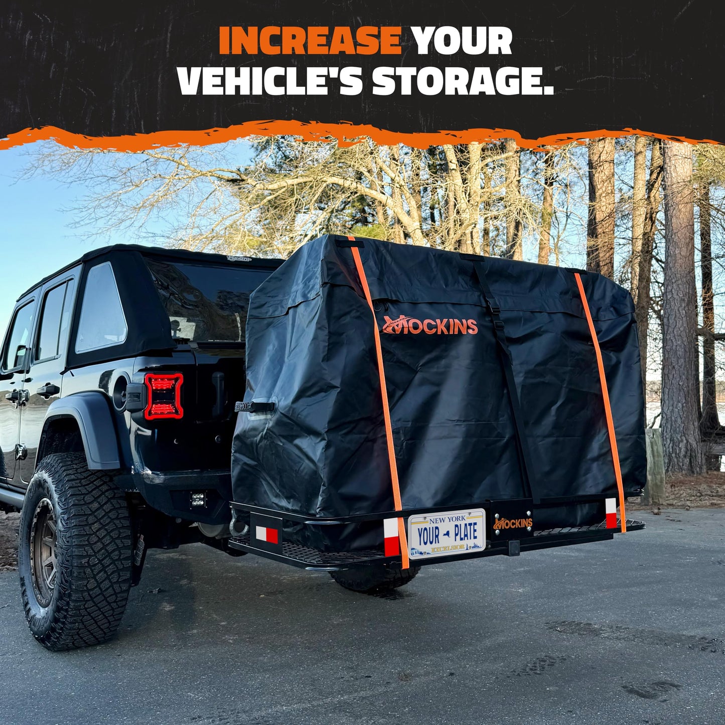 Mockins 60"x24"x6" Heavy Duty Trailer Hitch Cargo Carrier & 25 CuFt Waterproof Cargo Bag for Hitch Carrier | 500 Lbs. Capacity Folding Luggage Rack for SUV Car Truck with Plate Bracket & Accessories