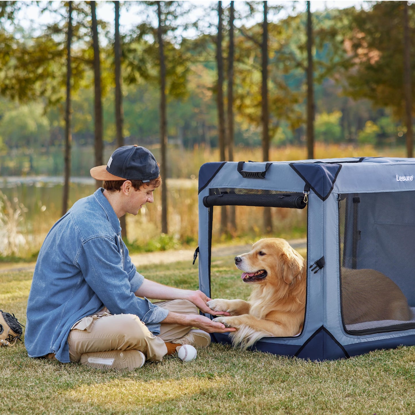 Lesure Collapsible Dog Crate - Portable Travel Kennel for Extra Large Dog, 4-Door Pet Crate with Mesh Windows, Indoor & Outdoor, Blue