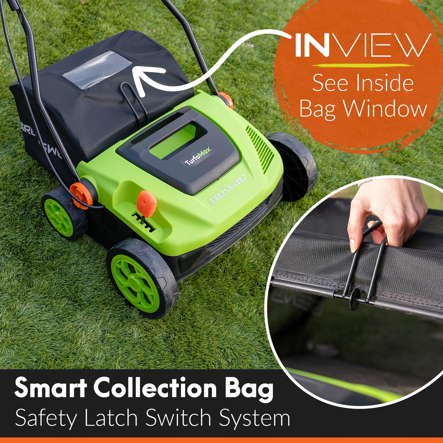 GreenSweep TurfoMax | Artificial Grass Electric Turf Sweeper, 5 Adjustable Height Settings, Foldable Handle, Collection Bag Included, Restores Flattened Turf & Removes Debris