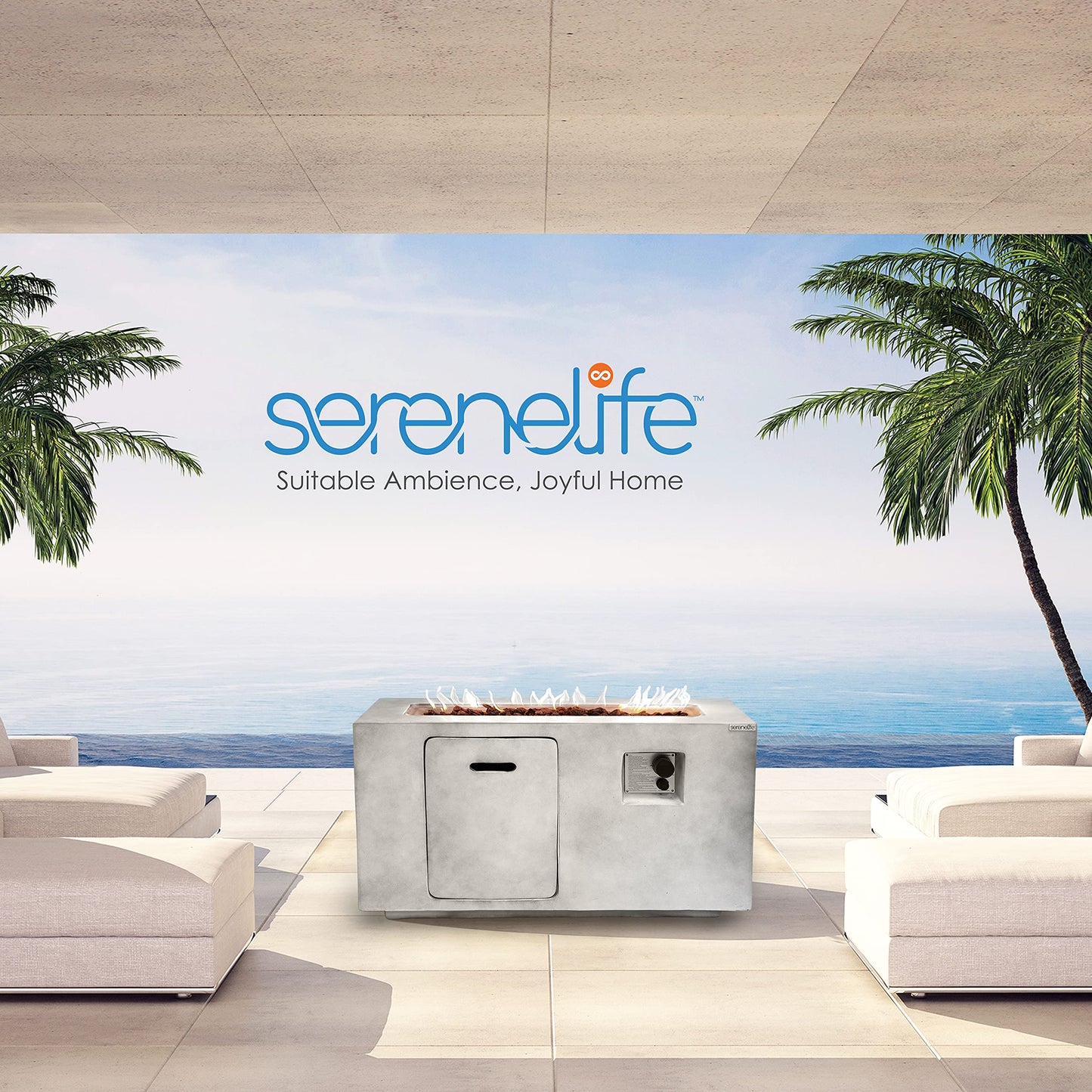 SereneLife Concrete Outdoor Propane Fire Pit Table, 50,000 BTU Square Gas Fire Table with Adjustable Flame, Lava Rocks, Weather-Resistant Design, and Protective Cover for Patio, Deck, or Backyard