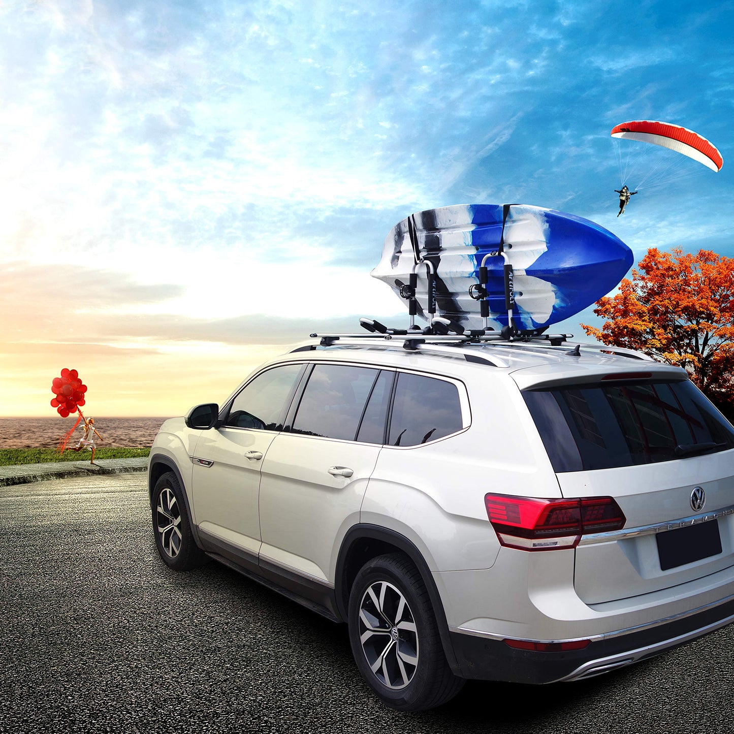 ARTIPOLY Kayak Roof Rack for 2 Kayaks, 4-in-1 Multifunction Bilateral Kayak & Canoe Car Racks J-Bar with Paddle Holder for Easy Mount Kayak/Surf/Ski/Canoe/SUP on SUV, Car and Truck Crossbar