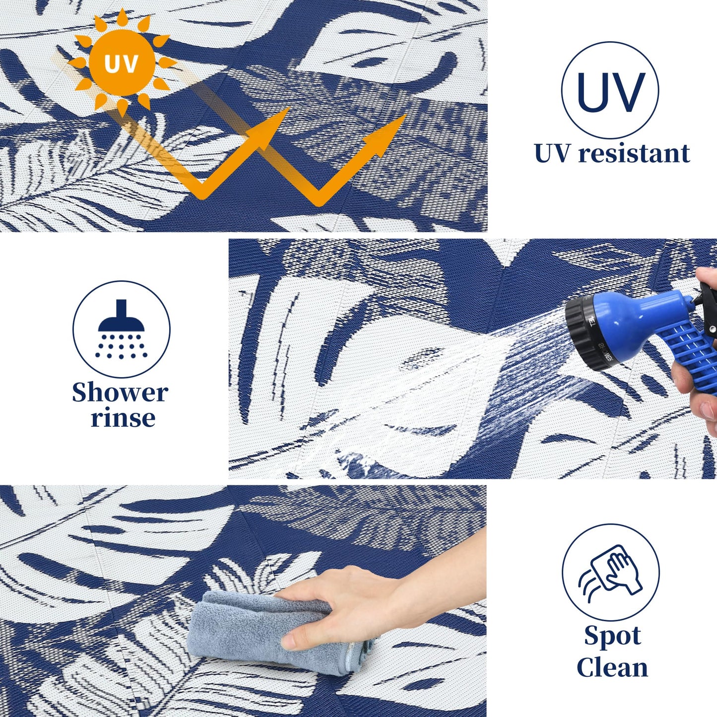IDEALHOUSE Outdoor Rug 9x18 Ft, Waterproof Plastic Reversible Rug, Modern Leaf Pattern Plastic Camping Mat for Outdoors, RV, Patio, Backyard, Deck, Picnic, Beach, Traile(Dark Blue & White)