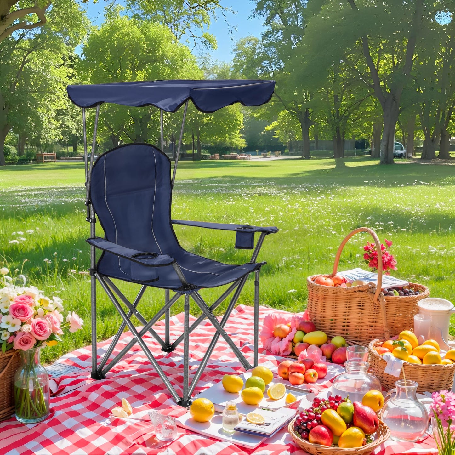 ALPHA CAMP Heavy Duty Canopy Camping Chair, 350 lbs Capacity Oversized Folding Chair with Adjustable Sunshade, Portable Sunshade Chair with Cup Holder for Beach, Fishing, Outdoor - Navy Blue,2PC
