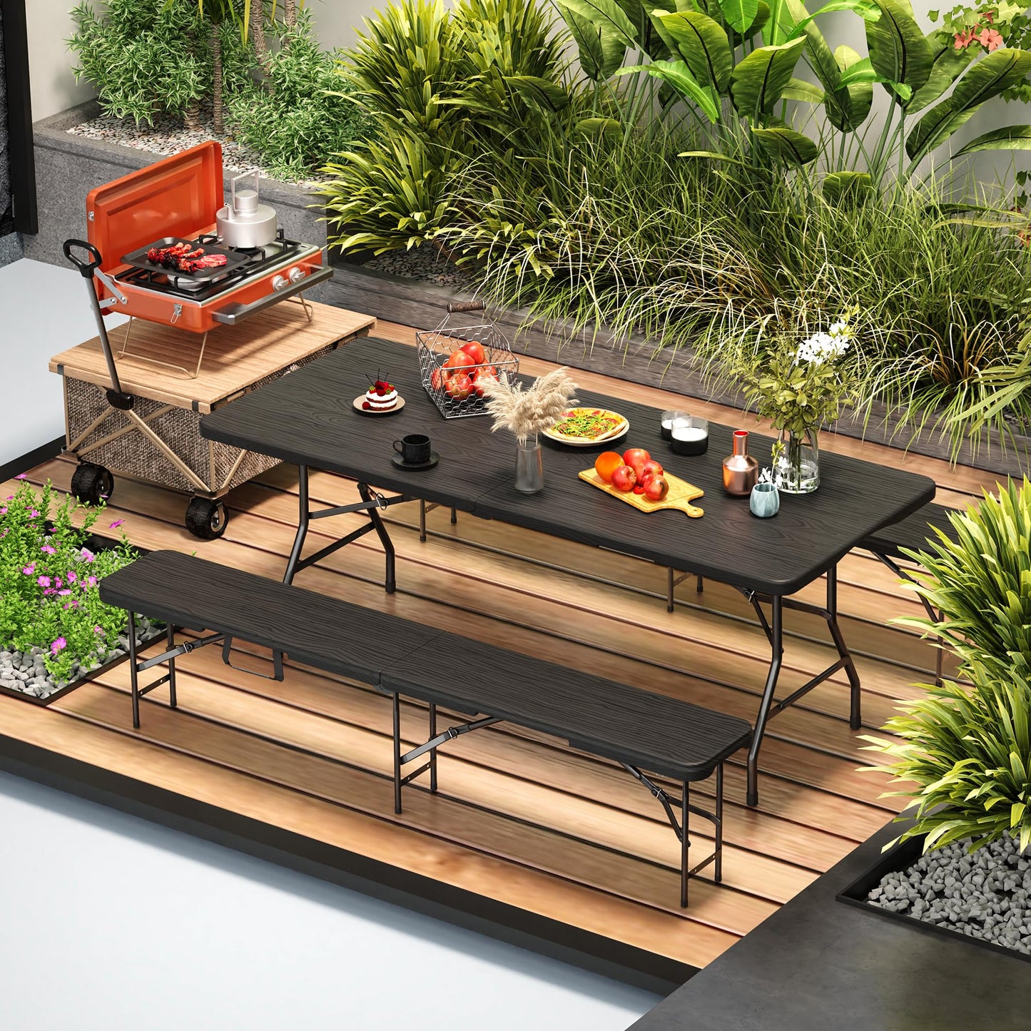 VSOAEIL 6 Foot Folding Picnic Table Set with 2 Benches, HDPE Tree Pattern Top, 3-Piece Portable Indoor Outdoor Furniture with Safety Locks & Handle for Party Camping, Black