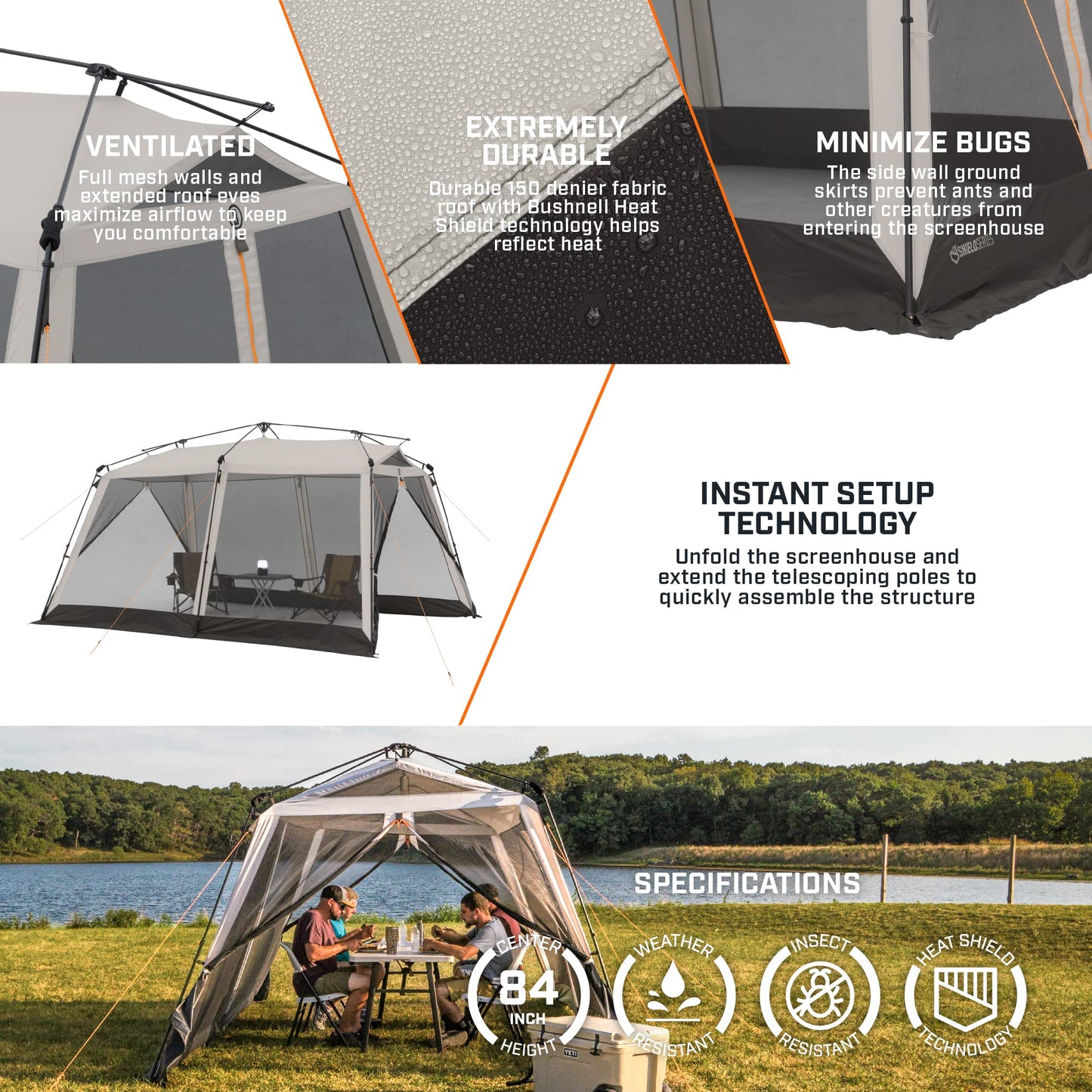 Bushnell Screenhouse with Instant Setup Technology | 14' x 10' Large Size with Extended Eaves Poles to Maximize Space For Camping & Hiking, For 8 Person