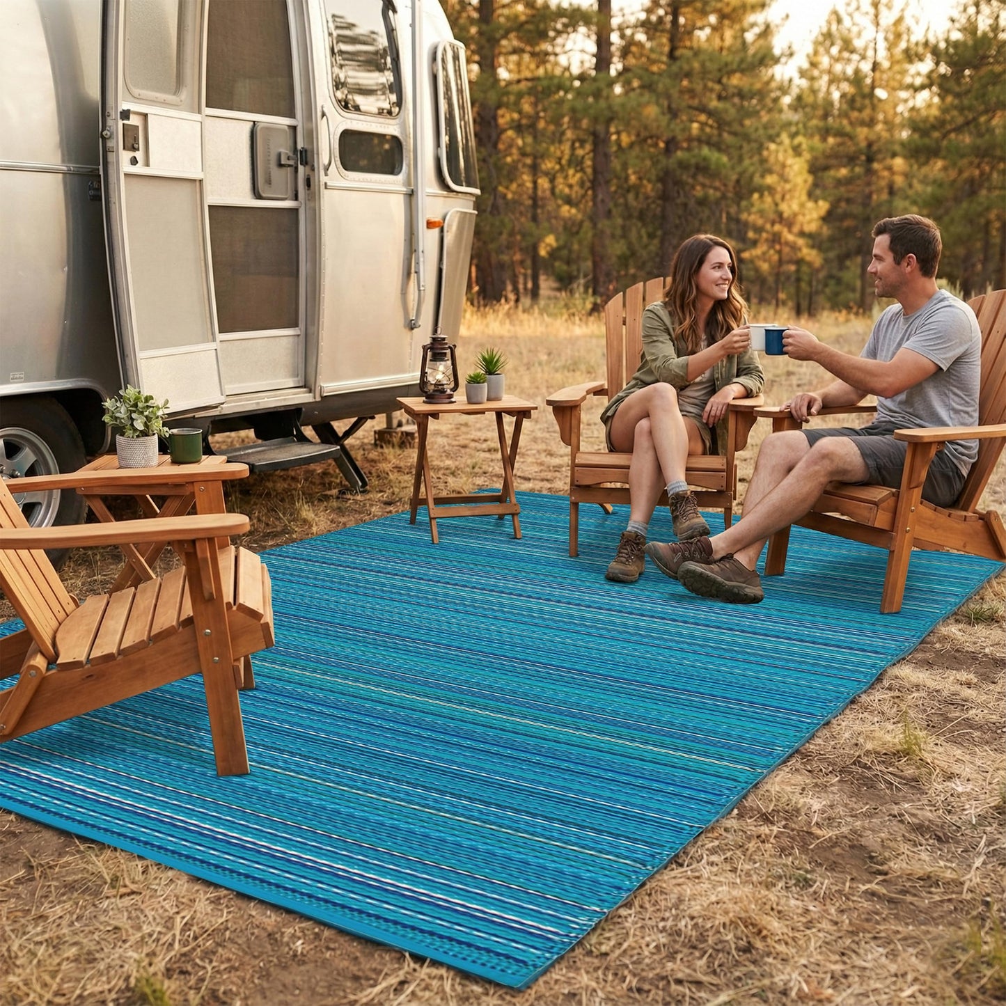 FH Home Outdoor Camping Rug - Waterproof, Fade Resistant, Reversible - Premium Recycled Plastic - Striped - Large Patio, Deck, Sunroom, RV - Havana - Turquoise - 9 x 18 ft Foldable