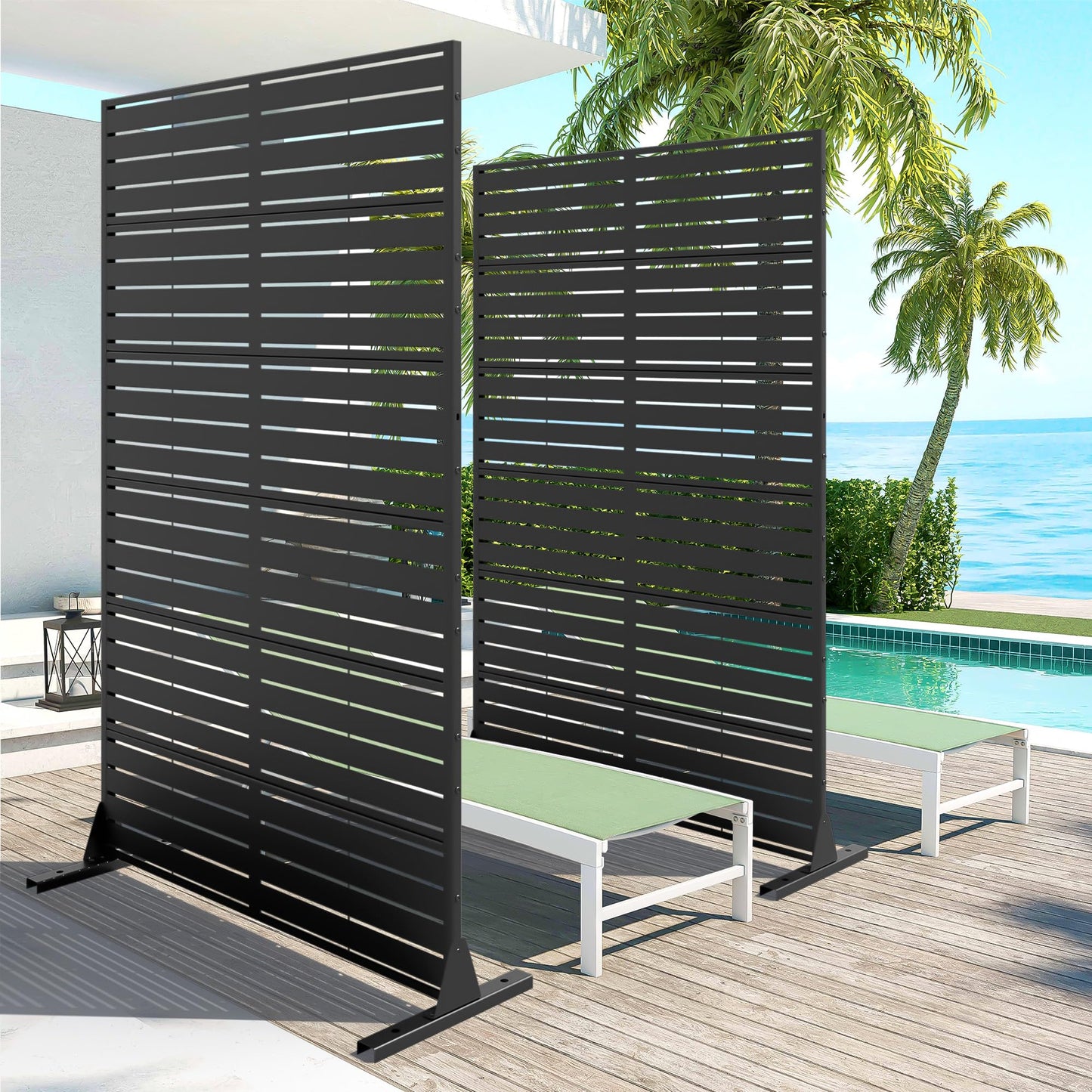 Casaphoria Metal Privacy Screen Outdoor, 72" H x 47" W Freestanding Decorative Privacy Screen for Patio Deck Balcony Garden with Stable Base, Louvered Black