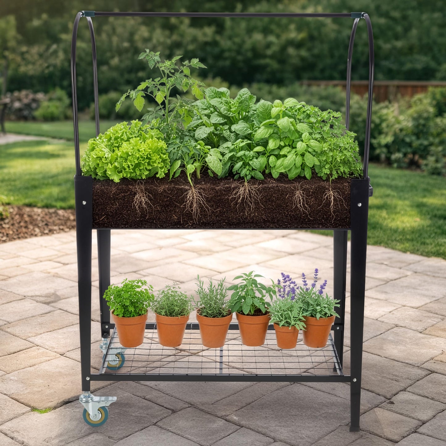 Raised Garden Bed with Cover - 31.5”x15.75”x47.25” Metal Elevated Planter Box with Legs, Greenhouse Cover, Wheels, and Storage Shelf - for Growing Flowers, Vegetables, or Herbs by Pure Garden (Black)