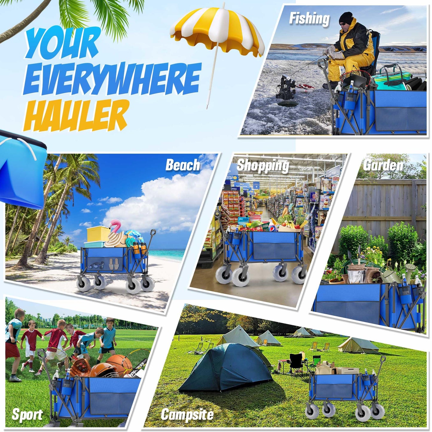 Beach Wagon with Big Wheels for Sand, 350lbs Heavy Duty Folding Wagon, Oversized 180L, 9" PVC All-Terrain Wheels, Adjustable Handle, Cooler & Storage Bags for Beach, Camping & Outdoor Sports (Blue)