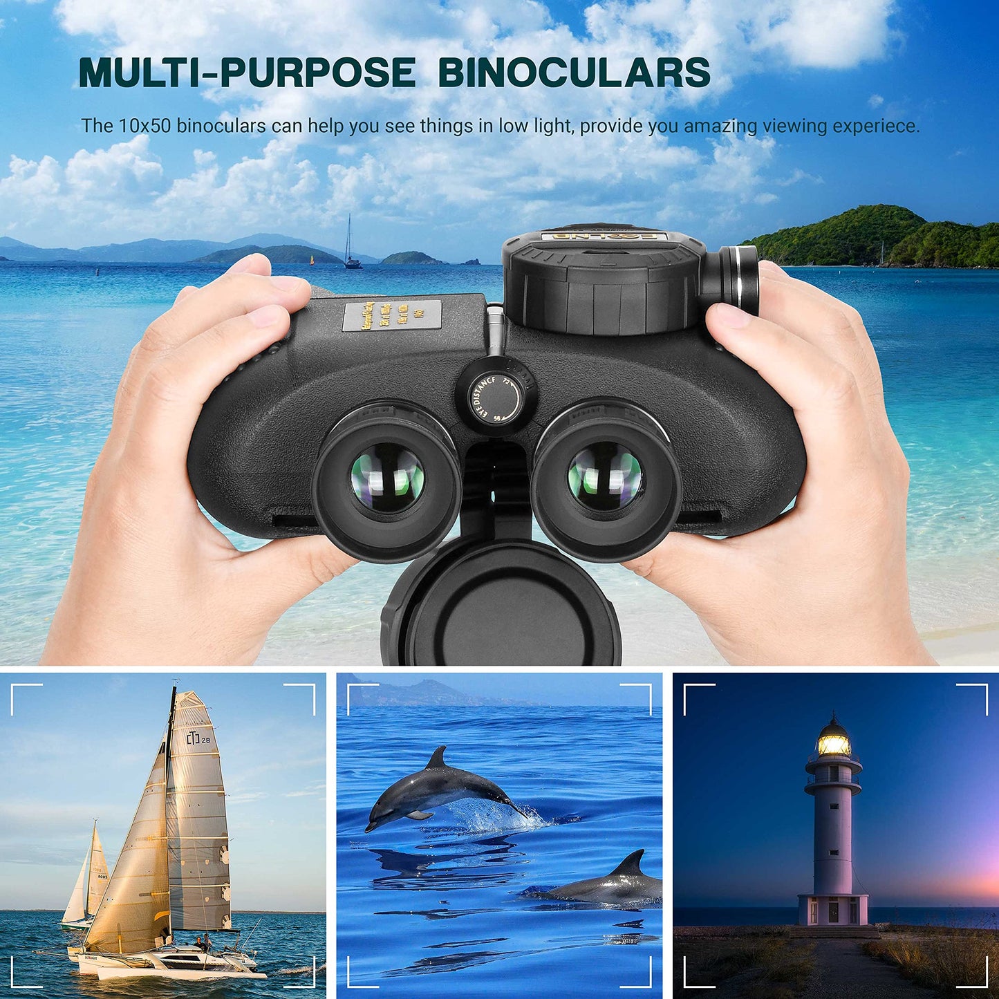ESSLNB 10X50 Marine Binoculars with Illuminated Rangefinder, Compass, IPX7 Waterproof, BAK4 Prisms, for Navigation, Hunting, Includes Strap and Carrying Bag
