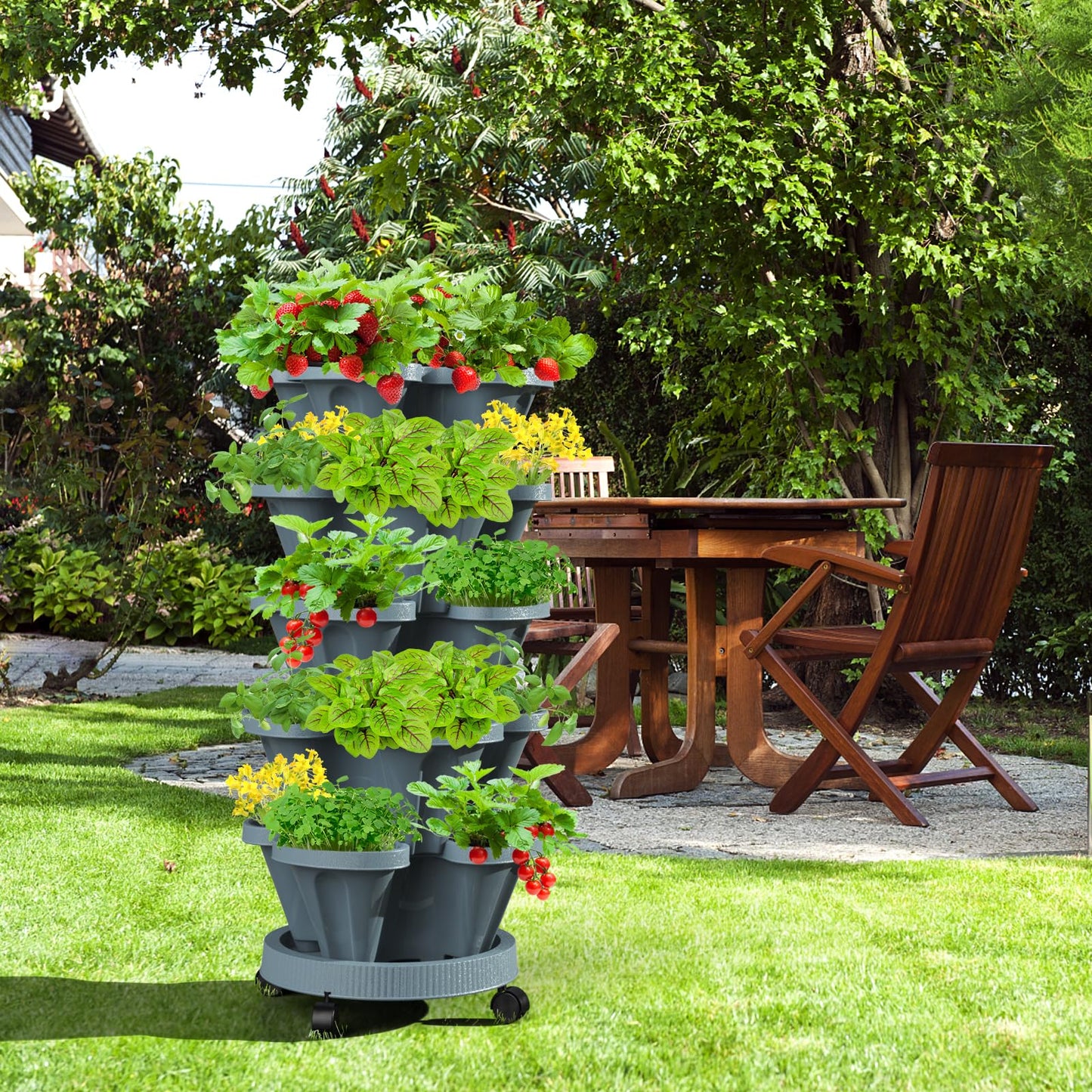 Tectsia 7 Tiered Strawberry Vertical Planter Tower Garden 3 Pack, Stackable Planter Herb Garden Planter with Movable Casters and Bottom Saucer Indoor and Outdoor - Dark Grey