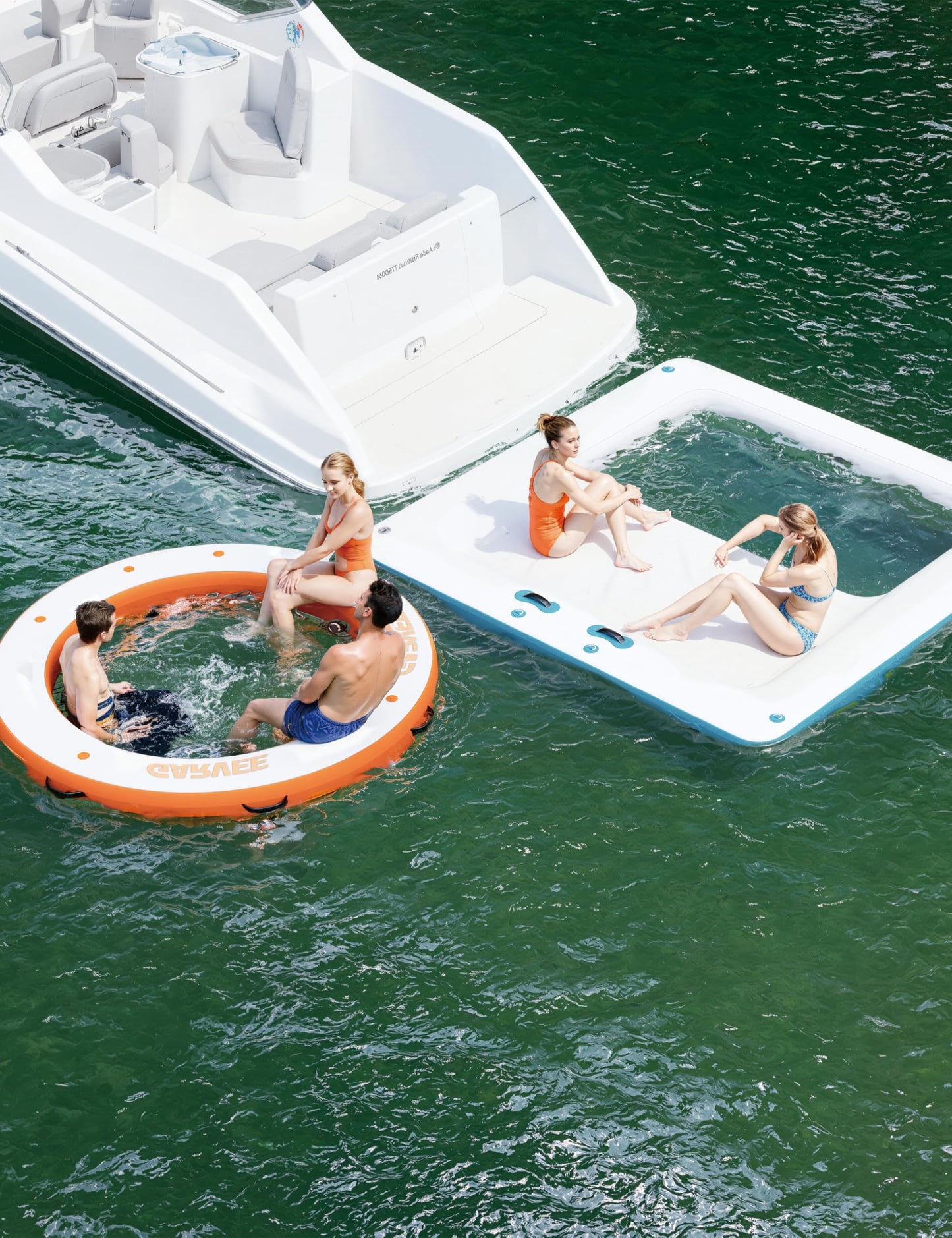 Inflatable Floating Island 10x10FT - with 4 * 7ft Trampoline Mesh Pool & Detachable Ladder - Portable Water Dock for Beach, Pool, Lake - Non-Slip Surface + Storage Bag