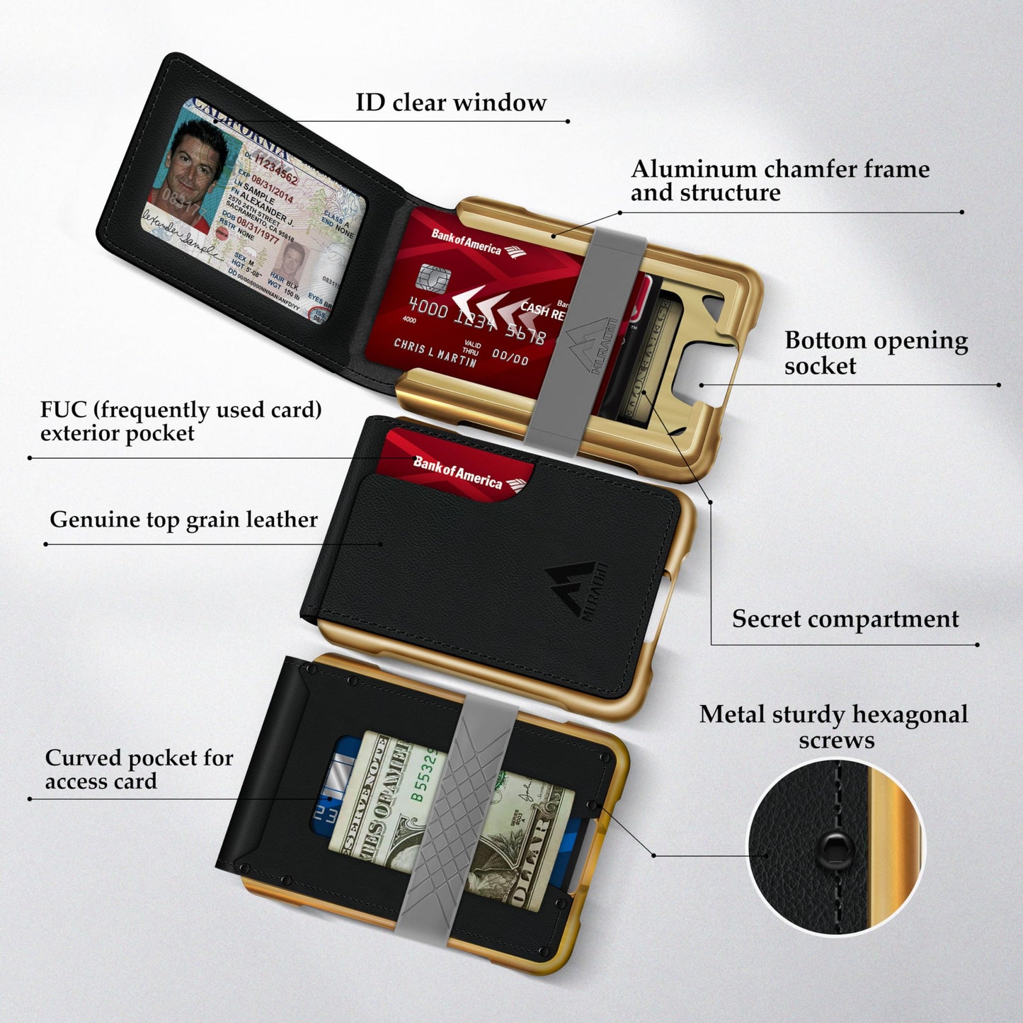 MURADIN Mens Wallet Tactical Bifold Wallets for Men Metal RFID Blocking Aluminum Money Cards Holder Gifts for Men (black leather with gold frame)