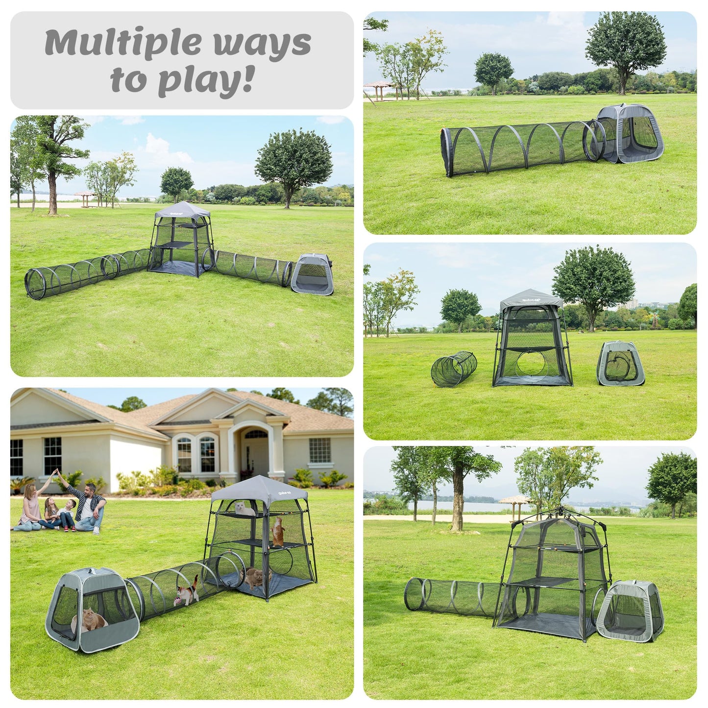 Catio Outdoor Cat Enclosure Combo for Indoor and Outdoor,3 Tier Cage Inside, Pop up Catio,Portable and Foldable(Includes one cat Tower Tent,one Tunnel and a cage) + cat Tunnel(2 Packs)