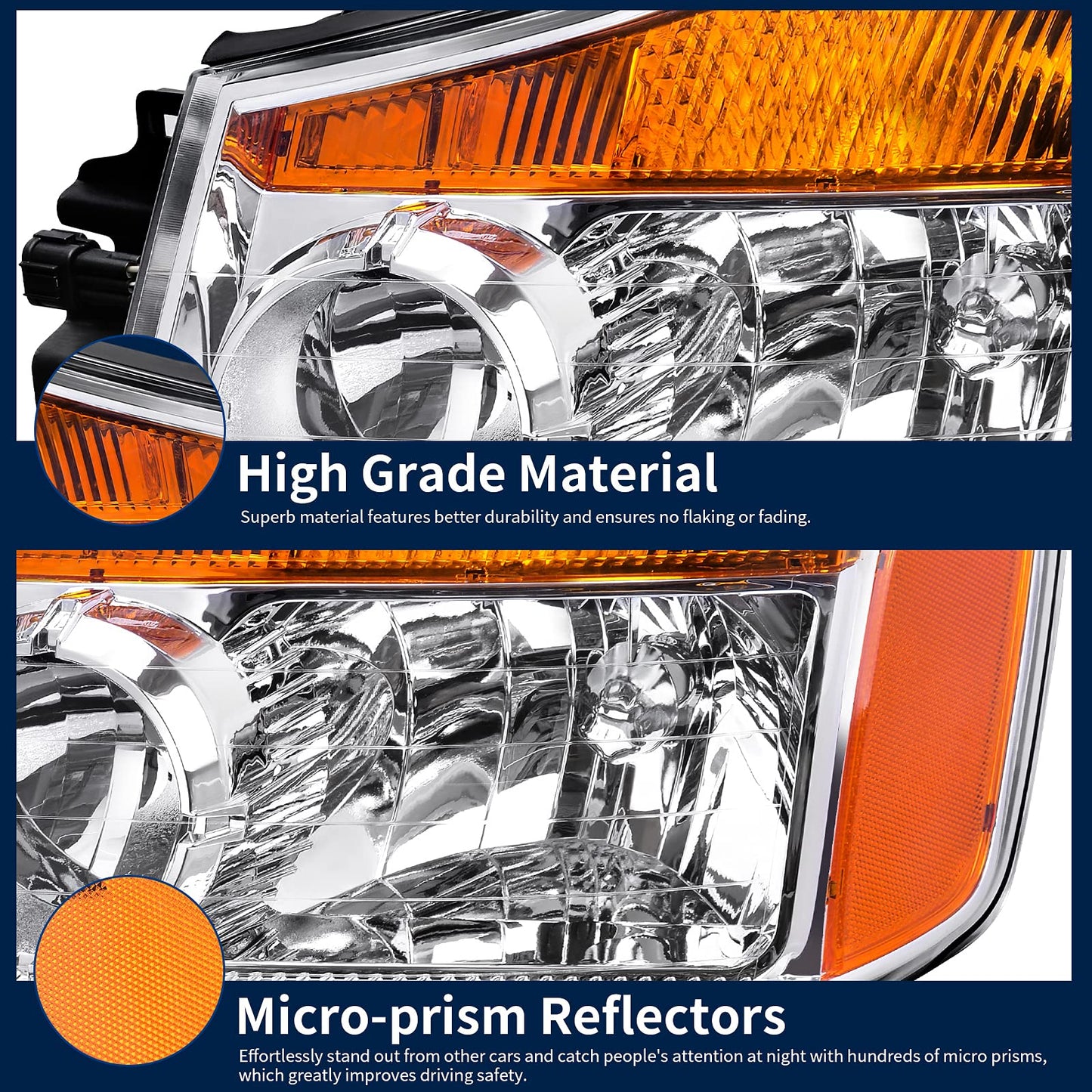 AUTOSAVER88 Headlights Assembly Compatible with 2004-2015 04-15 Titan 2004 Pathfinder Armada 2005-2007 Armada Headlamp Replacement Chrome Housing Amber Reflector Pair (Passenger and Driver Side)