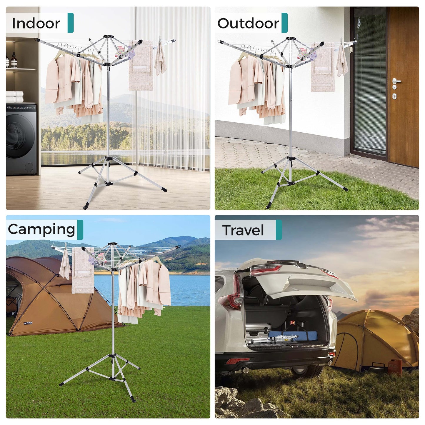 SUPTINWEAR 65FT Portable Umbrella Clothesline, 4-Leg Stable Freestanding Drying Rack for Indoor Outdoor Use, Foldable Rotary Laundry Rack with Adjustable Height, No Assembly