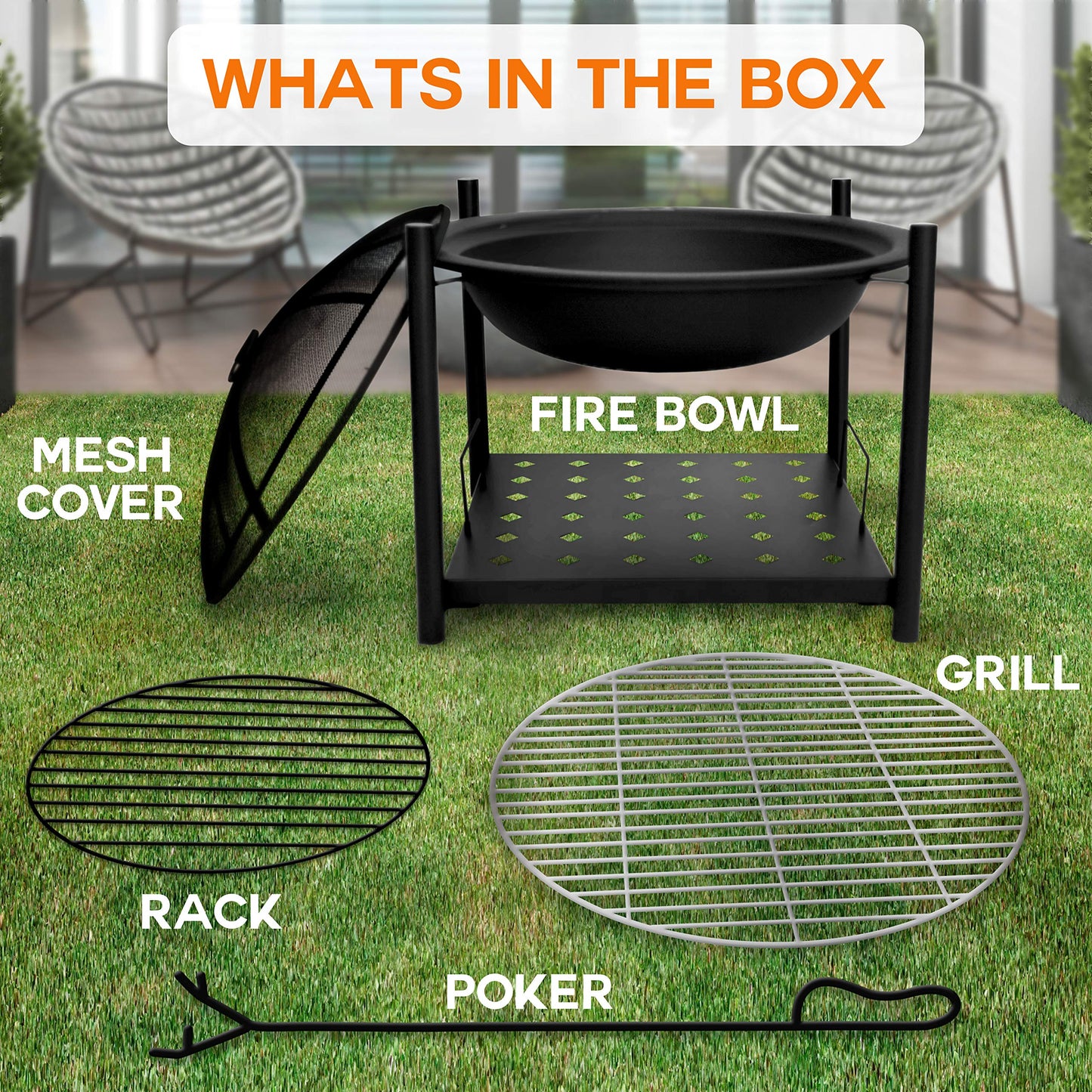 SereneLife Portable Outdoor 2-in-1 Steel BBQ Grill 26" Wood Burning Fire Pit Bowl w/ Mesh Spark Screen, Cover Log Grate, Fire Poker for Camping, Picnic, Bonfire SLCARFP54.5