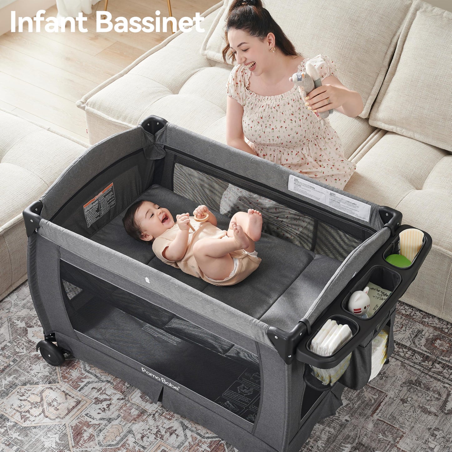 Pamo Babe Pack and Play 4-in-1 Baby Playard with Bassinet & Changing Table, Foldable Portable Playpen with Mattress, Nursery Center for Newborn to Toddler 0-36M-Black