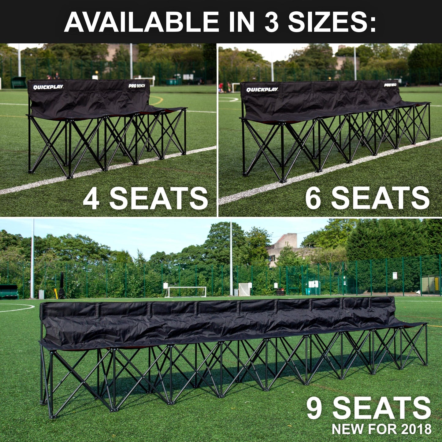 QUICKPLAY PRO Portable Folding Bench – Available in 4, 6, and 9 Seats & 6-Seat Shelter | Heavy-Duty, Fast Set-Up Seating for Sports, Camping, and Outdoor Activities