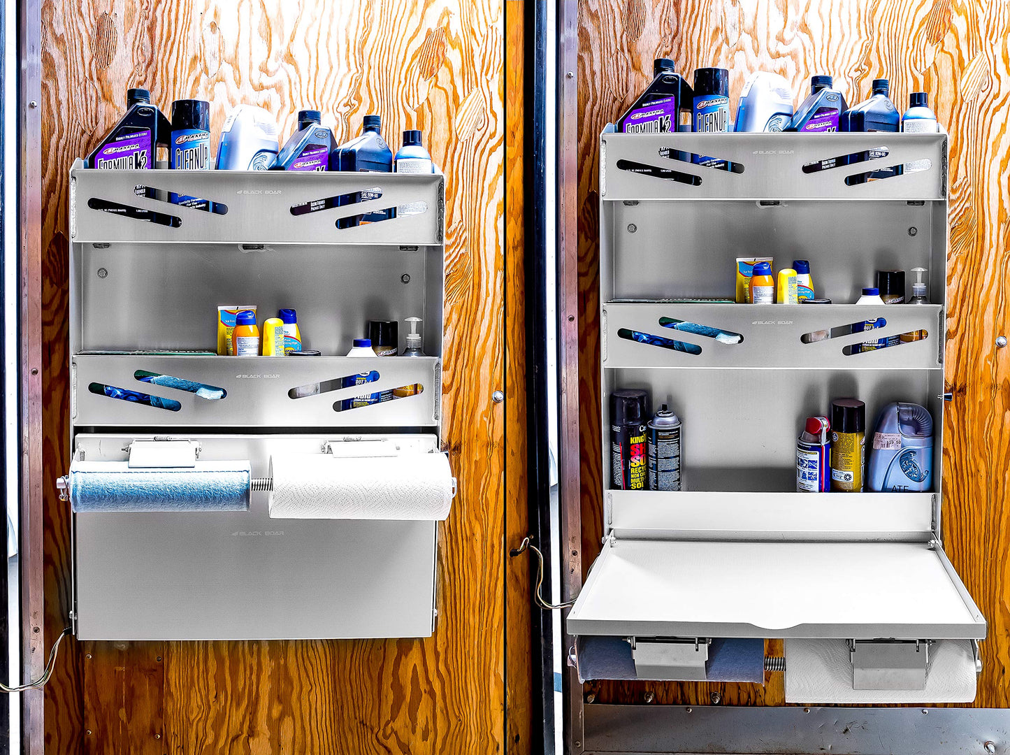 Black Boar Aluminum Large Work Station ¬for Enclosed Trailer/Garage | 24 x 14-inch fold Down Tray and (2) Spring-Loaded Paper Towel Racks | Durable Construction | Easy to Install (66123)