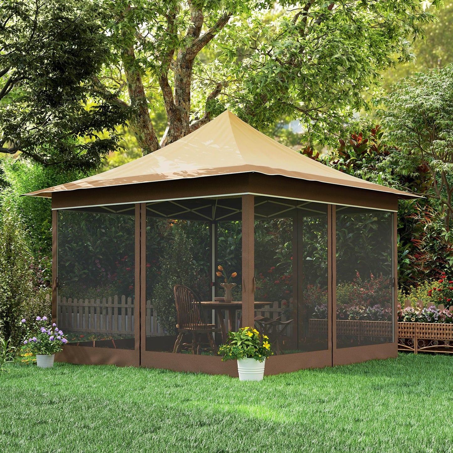 Outsunny 12 x 12 ft. Pop Up Canopy Tent with Mesh Netting, UPF50+ Instant Sun Shelter with Carry Bag, Height Adjustable Party Tent Instant Event Shelter for Garden, Patio, Beige