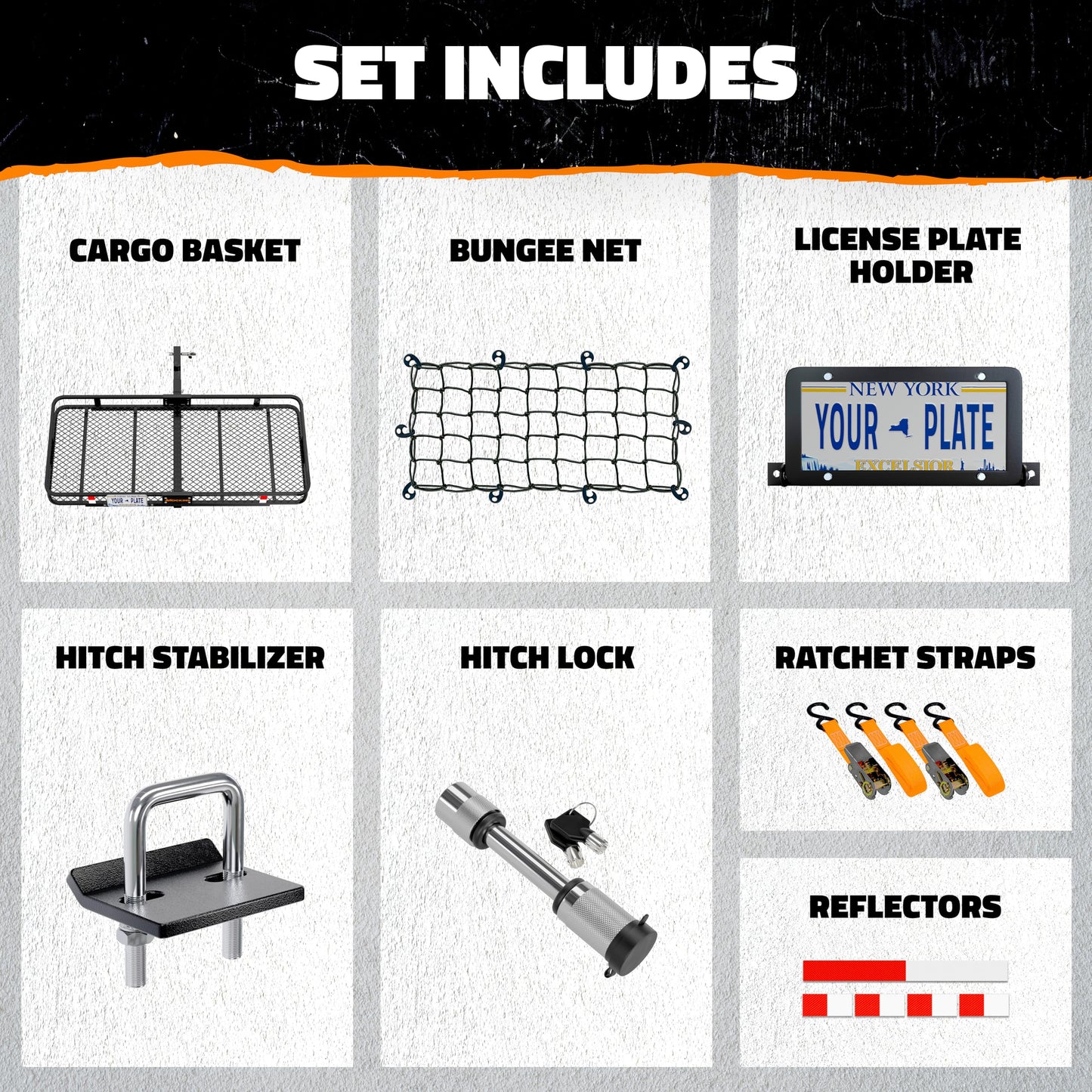 Mockins 60"x24"x6" XL Heavy Duty Trailer Hitch Cargo Carrier | 500 Lbs Cap Folding Luggage Rack for SUV Car & Truck | All-Weather Steel Hitch Rack Cargo Carrier w/License Plate Bracket & Accessories