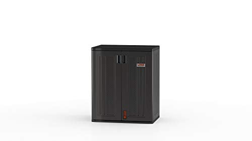 Suncast Commercial Heavy-Duty 9 Cubic Ft. Resin Storage Cabinet with Lockable Handles, Adjustable Metal-Reinforced Shelves for Garage or Workspace, Black, Made in The USA