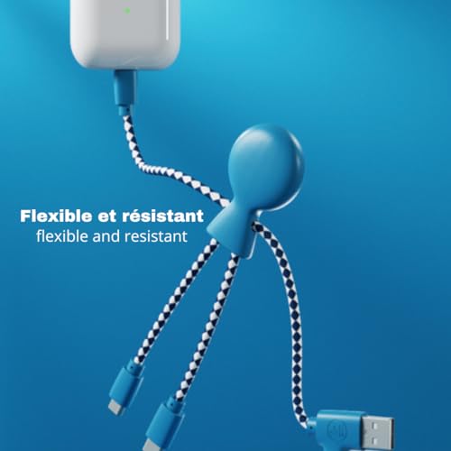 Xoopar Multi USB Cable 4 in 1 - Universal Charger Made from Recycled Plastic - USB, USB-C, Lighting, Micro USB Ports - Compatible with All Smartphones Mr Bio White Octopus