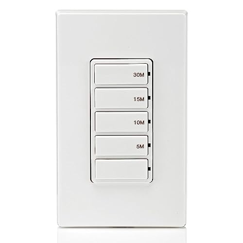Leviton Countdown Timer Switch for bathroom fan and household lights, 5-10-15-30 min, No Neutral Required, Single Pole, 15A, 1/2 HP/9.8A Fan/Motor, DT130-1LW, White