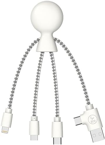 Xoopar Multi USB Cable 4 in 1 - Universal Charger Made from Recycled Plastic - USB, USB-C, Lighting, Micro USB Ports - Compatible with All Smartphones Mr Bio White Octopus