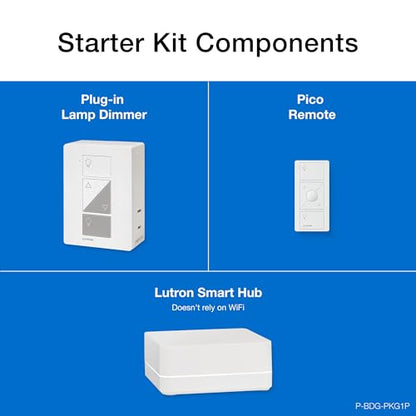 Lutron Caseta Smart Start Kit for Lamps, Plug-in Lamp Dimmer with Smart Bridge and Pico Remote, Compatible with Alexa, Apple HomeKit, and The Google Assistant | P-BDG-PKG1P | White
