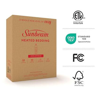 Sunbeam Premium Quilted Electric Heated Mattress Pad Twin 39" x 75" - 12 Heat Settings, 12-Hour Selectable Auto Shut-Off, Fast Heating, Warming Bed, Machine Washable, Extra-Soft Warm Cozy