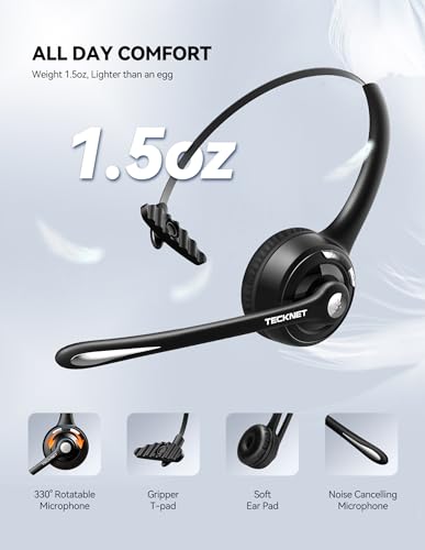 TECKNET Wireless Headset, Bluetooth Headphones with Noise Cancelling Microphone for Trucker, Hand Free Wireless Headset with Mute Mic
