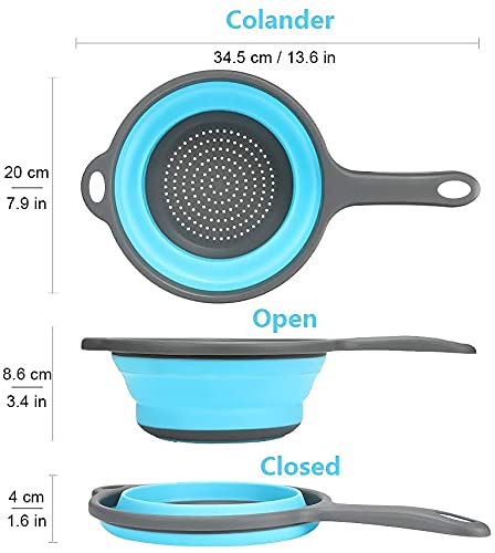 Kitchen Foldable Silicone Strainer Colanders, Collapsible Colanders with Handles, Space-Saver Folding Strainer Colander for Draining Pasta, Vegetable (Blue)