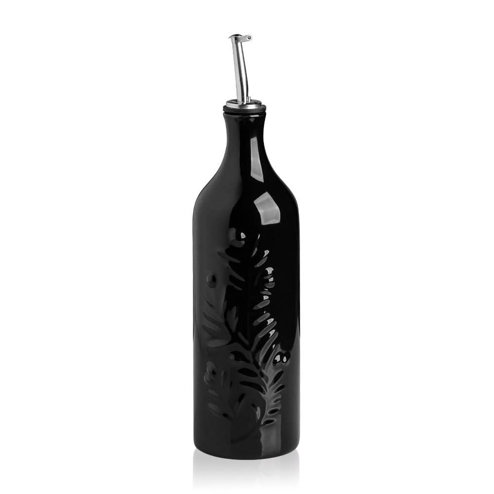 Sweejar Large Olive Oil Dispenser Bottle with Spout, 24 Oz Ceramic Oil Dispenser for Kitchen, Relief Opaque Oil Cruet, Oil Container for Cooking, EVOO, Avocado Oil, Vinegar, Pack of 1(Black)
