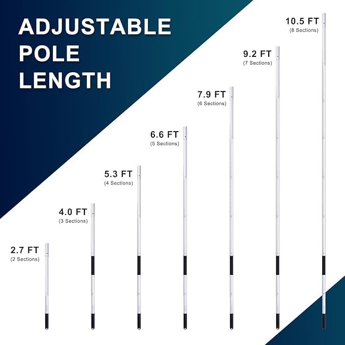 POOLAZA Pool Pole - Dual-Handle Anodized Aluminum Skimmer Pole, Telescopic Up to 10.5 Ft for Easy Cleaning