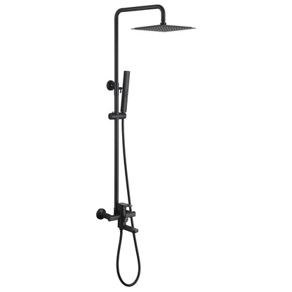 HANJAI Exposed Shower System 10" Matte Black Rainfall Shower Head with 2 Modes Handheld and Tub Faucet Set, Square Shower Head 3 Functions Outdoor Shower Fixtures with Brass Valve, Height Adjustable