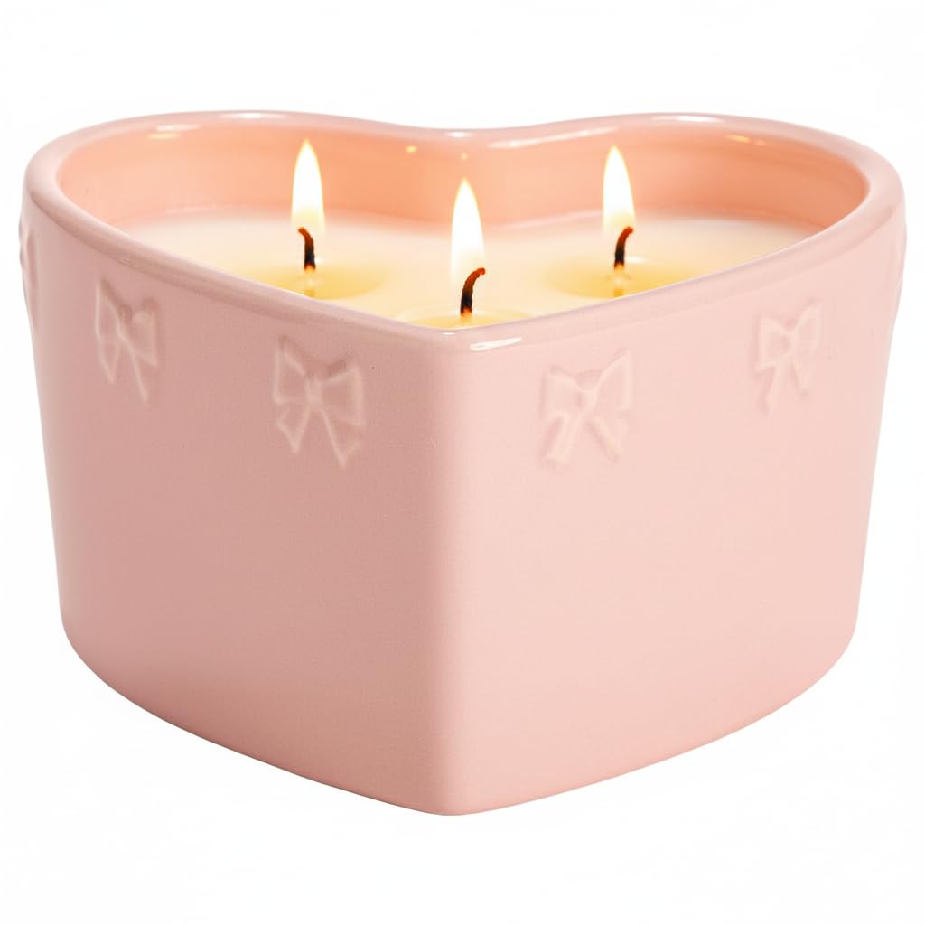 Paris Hilton Cupcake Sprinkles Scented Candle, Pink Heart-Shaped Ceramic Vessel with Embossed Bow Detail, Premium Plant Wax Blend, 3-Wicks, 12-Ounce