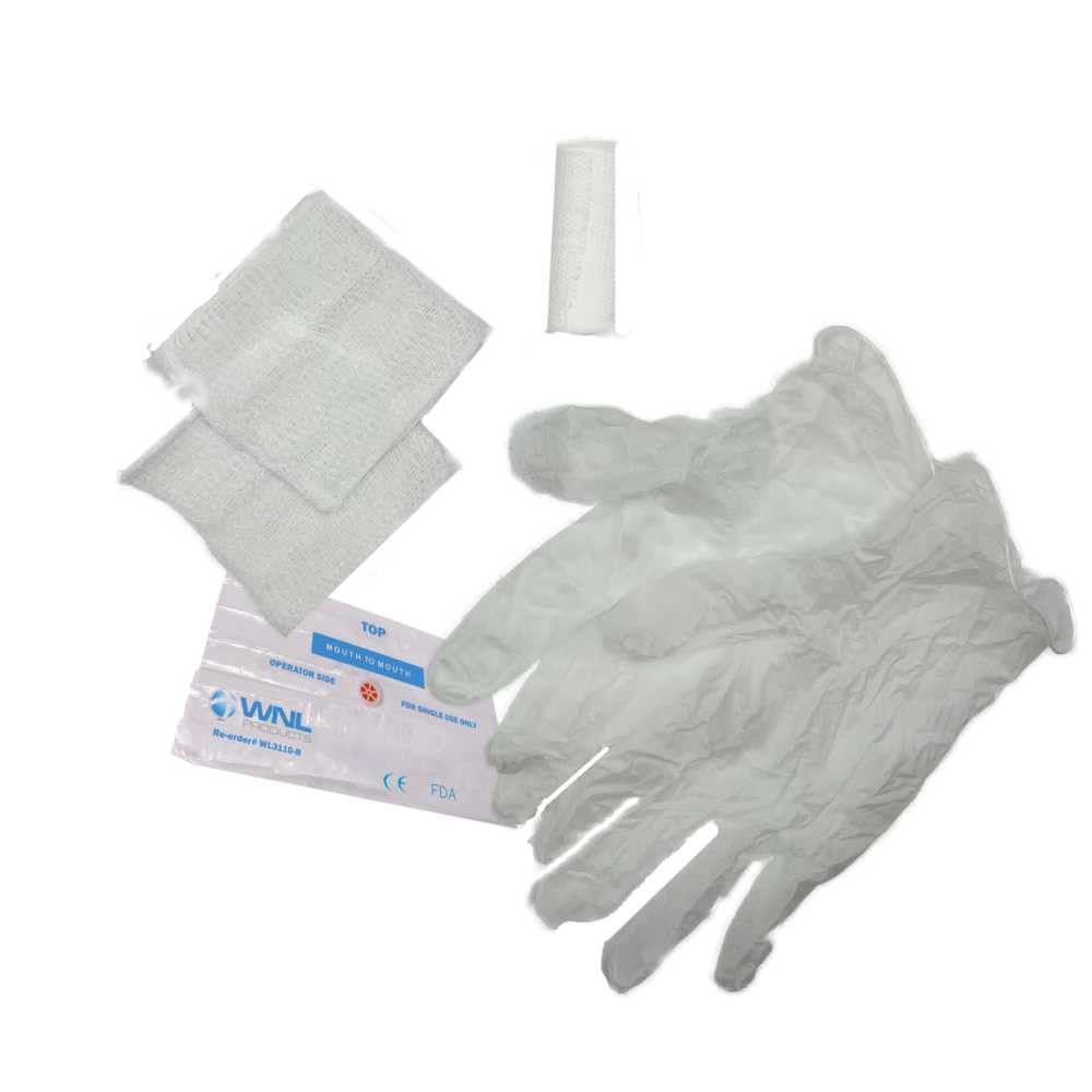 WNL Products 1402SF 100 Pack First Aid & CPR Training Kits for Students, Includes CPR Training Face Shield, Guaze Pads, Latex-Free Gloves & Bandages, 100 Pack