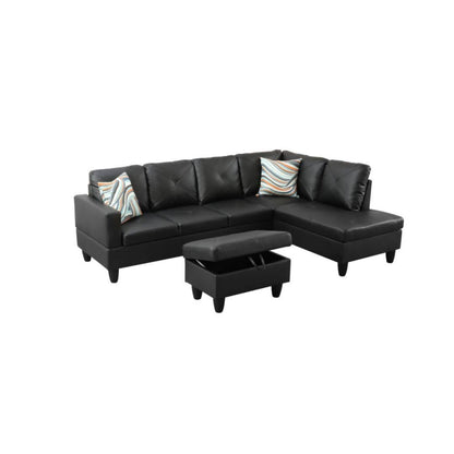 UOCFYK Black L-Shaped 3-Piece Faux Leather Sofa with Storage Ottoman Set, Sectional Couch Sofa Set for Living Room, Office, Small Space