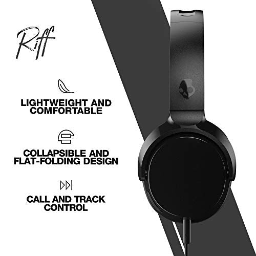 Skullcandy Riff On-Ear Wired Headphones, Convenient for Travel with 3.5mm AUX Plug, Built-in Microphone, Foldable Lightweight Comfortable Design, Durable Headband, Reliable Simplicity - Black