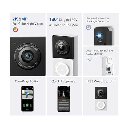 Tapo Smart Video Wireless Doorbell Camera - 2K, 160° Ultra-Wide View, Up to 180 Days Battery, Alexa, Google Assistant Compatible, Free AI Person Detection, IP54, SD/Cloud Storage, D205