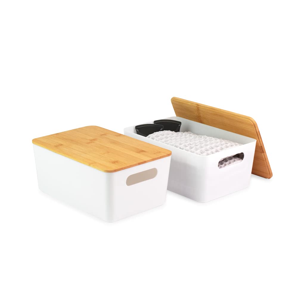 Isaac Jacobs 2-Pack Storage Bin Set w/Cut-Out Handles and Bamboo Lid, Plastic Organizers for Home, Pantry, Kitchen, Closet, Office, Home Décor, BPA Free, Food Safe (Medium, Clear)