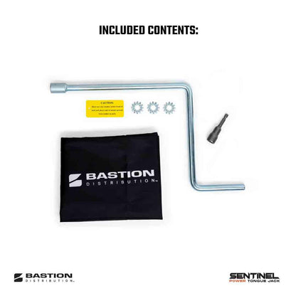 Bastion Distribution Black Sentinel Electric Trailer Jack with Cover – 3500 lb A-Frame Tongue Jack – Weatherproof Switches, LED Light, Manual Crank, 90 Degree Mount – No Stall, No Wobble, Easy Install