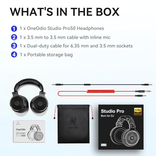 OneOdio Hi-Res Over Ear Headphones for Studio Monitoring and Mixing, Sound Isolation, Protein Leather Earcups, 50mm Driver Unit, Wired Headphones for AMP Guitar Keyboard (Pro-50 Black)