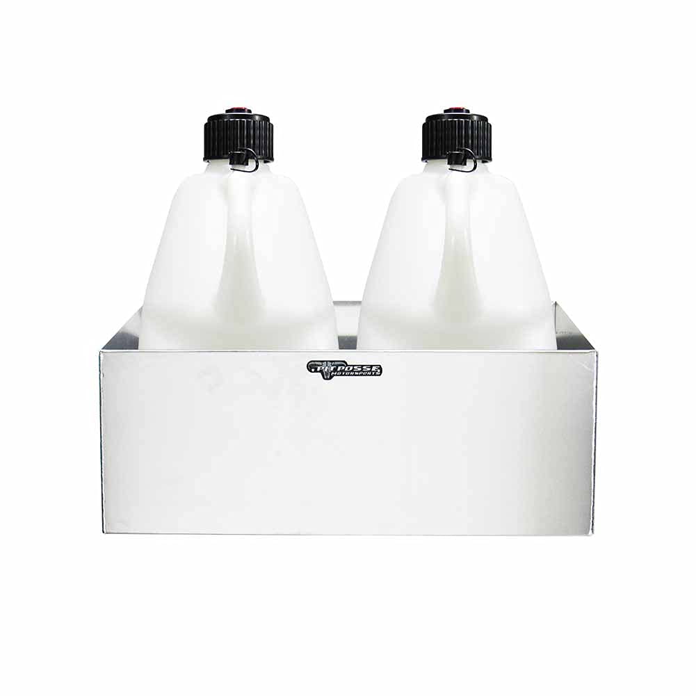 Pit Posse 430 Double Aluminum Utility Fuel Jug Holder Rack Fits Two 5 Gallon Gas Containers - Made in USA - Storage Organizer Enclosed Race Trailer Garage Shop (Silver)