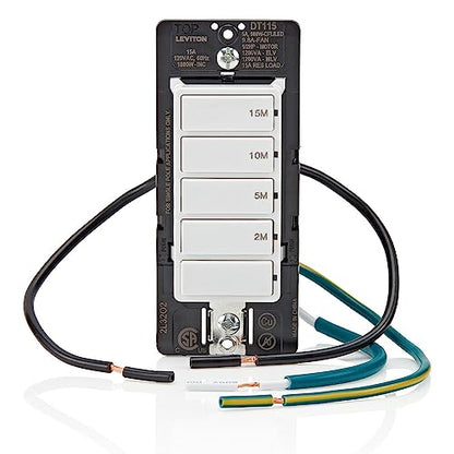 Leviton Countdown Timer Switch for bathroom fan and household lights, 5-10-15-30 min, No Neutral Required, Single Pole, 15A, 1/2 HP/9.8A Fan/Motor, DT130-1LW, White