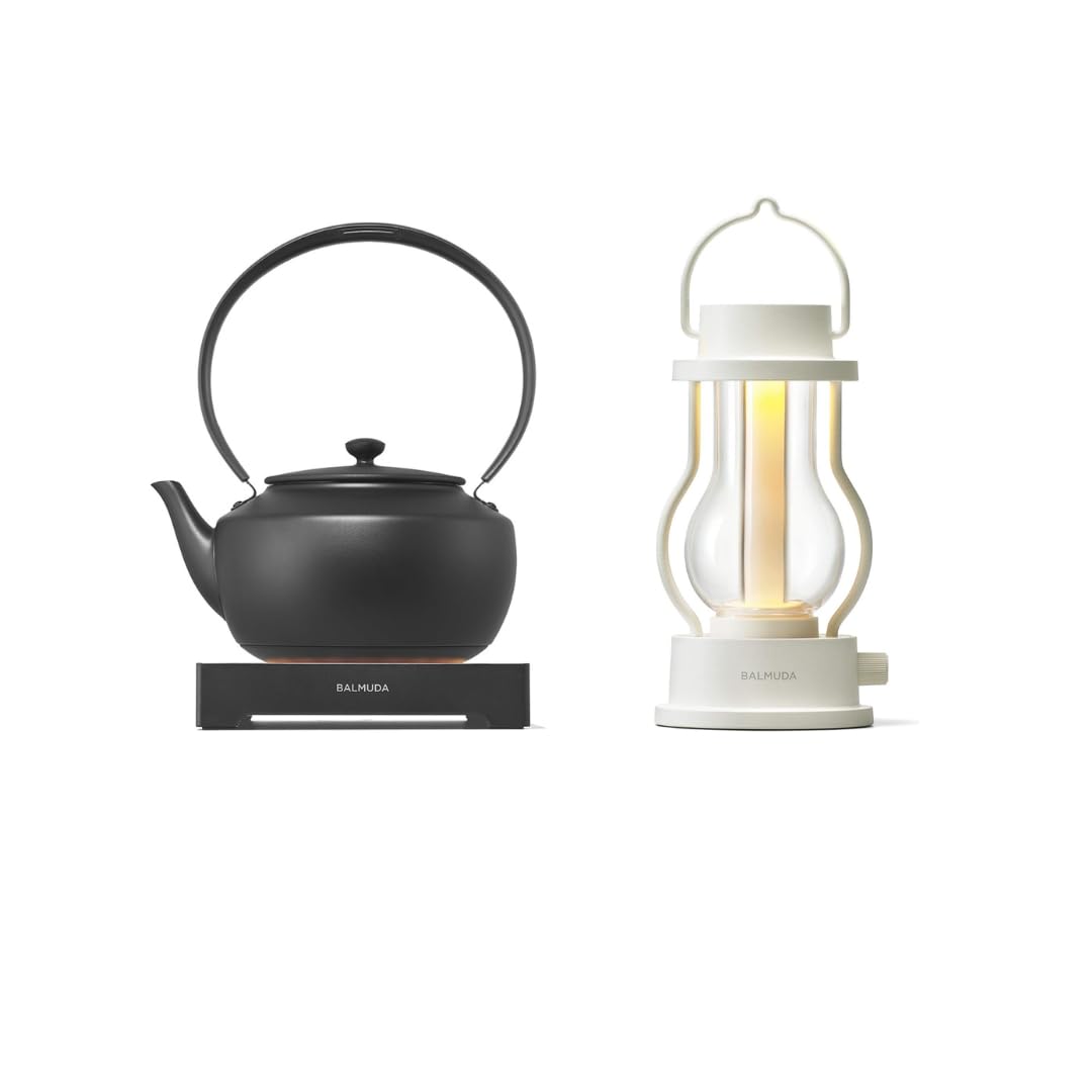 BALMUDA Combo Pack: MoonKettle Black & The Lantern White | Electric Kettle with Temp Control & Rechargeable LED Lantern