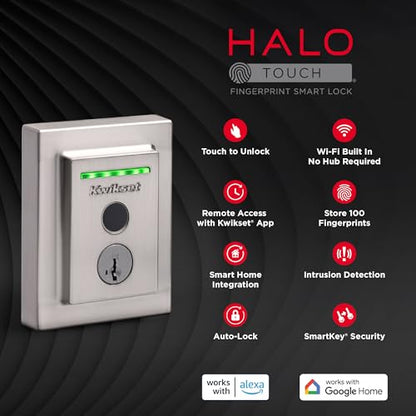 Kwikset Halo Touch Fingerprint Wi-Fi Smart Lock, Keyless Entry Door Low Profile Deadbolt, Geofence Auto-Unlock, Grade AAA Certified, No Hub Easy Install, Matte Black Lifetime Finish Warranty, Square